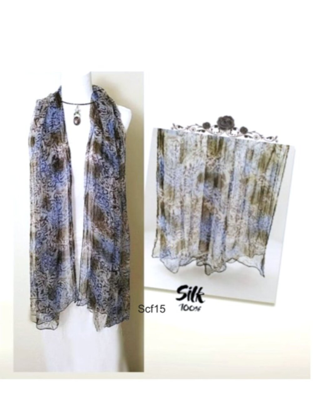100% Silk Rectangle Long Scarf Sheer Blue Brown Floral Print Soft Lightweight